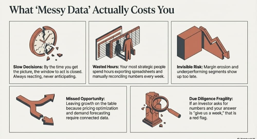 Illustration of data flowing between disconnected business systems
